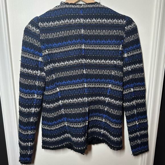 Rebecca Taylor Navy Striped Tweed Fringe-Hem Jacket Size 2 - Picture 6 of 10